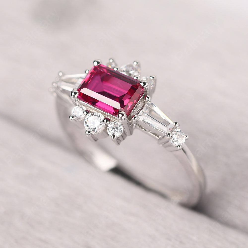 East West Emerald Cut Ruby Ring Silver - Palmary