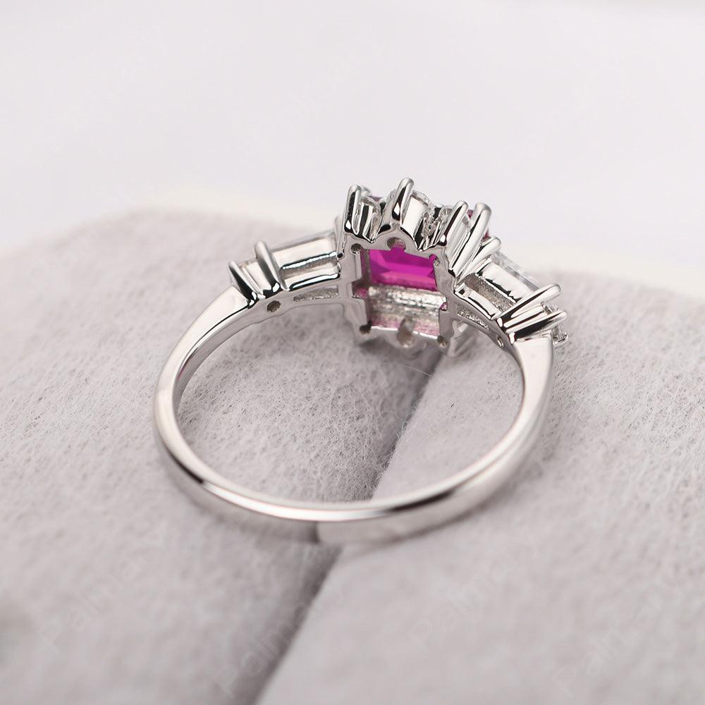 East West Emerald Cut Ruby Ring Silver - Palmary