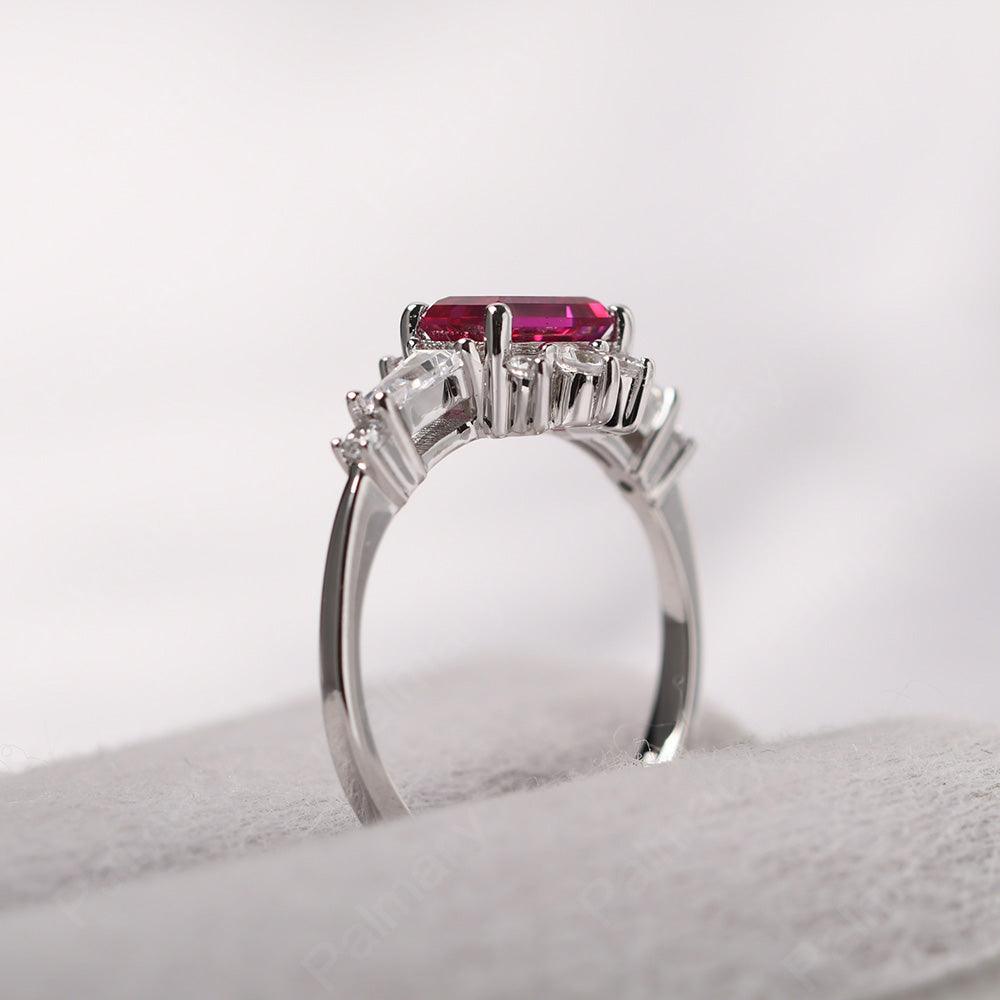 East West Emerald Cut Ruby Ring Silver - Palmary