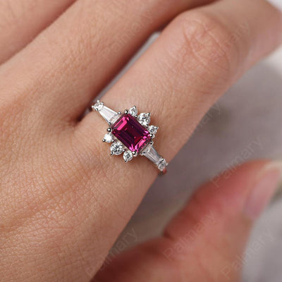 East West Emerald Cut Ruby Ring Silver - Palmary