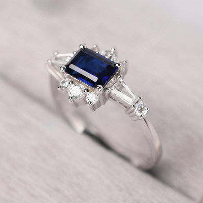 East West Emerald Cut Sapphire Ring Silver - Palmary
