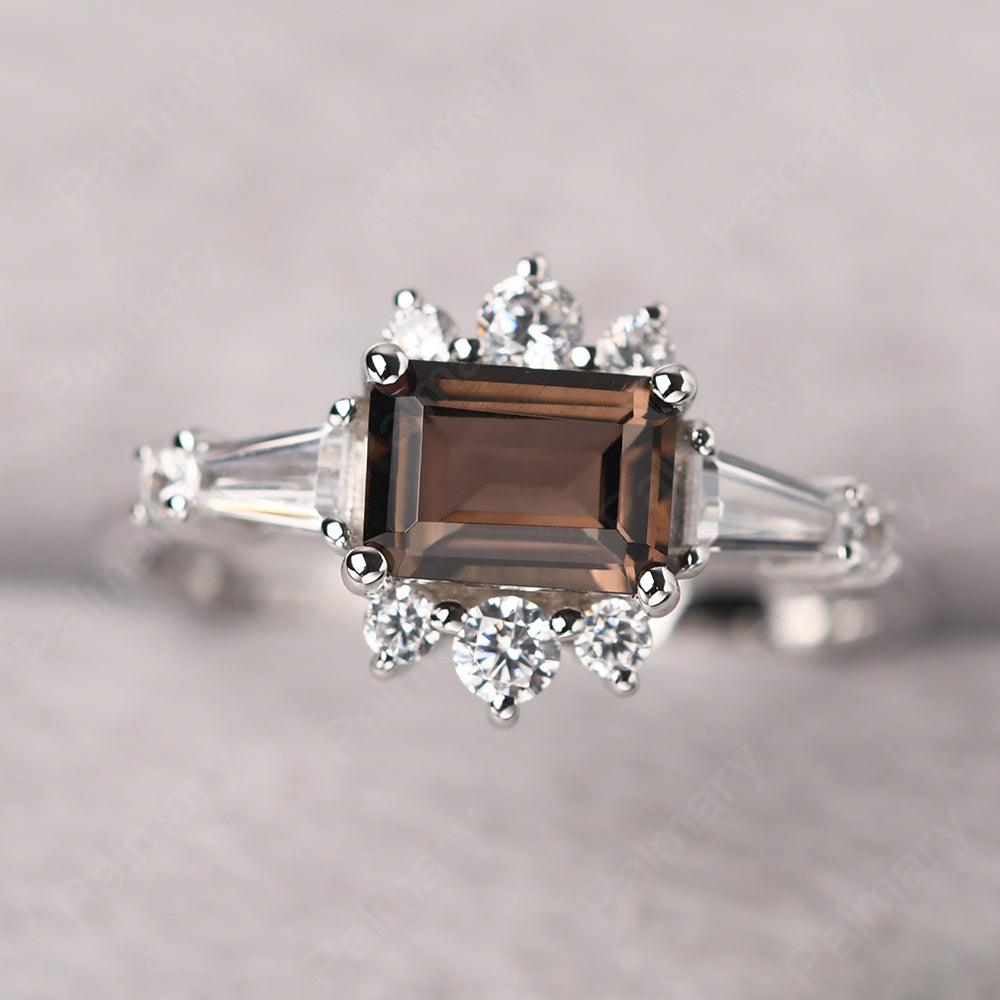 East West Emerald Cut Smoky Quartz  Ring Silver - Palmary