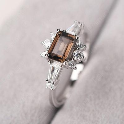 East West Emerald Cut Smoky Quartz  Ring Silver - Palmary