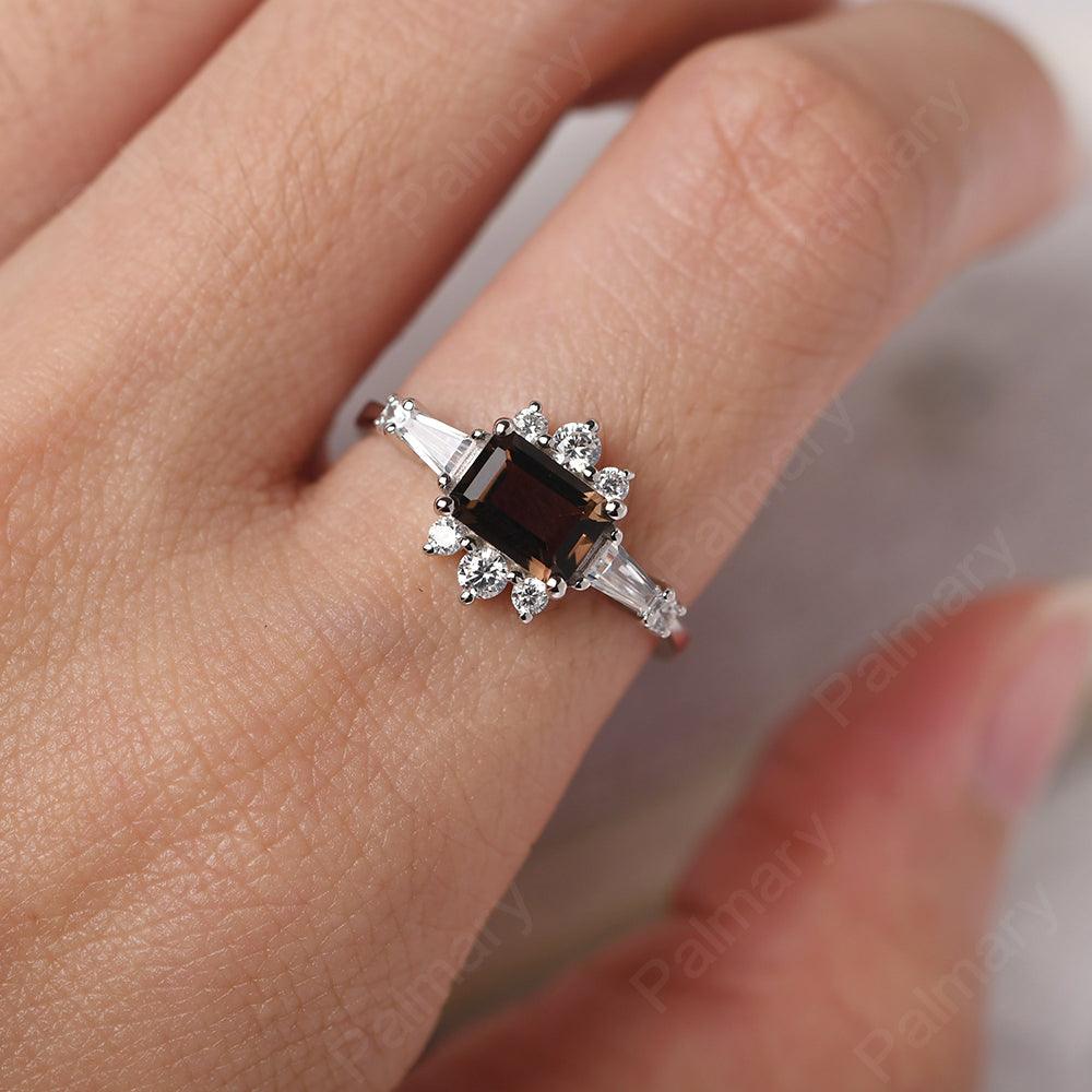 East West Emerald Cut Smoky Quartz  Ring Silver - Palmary