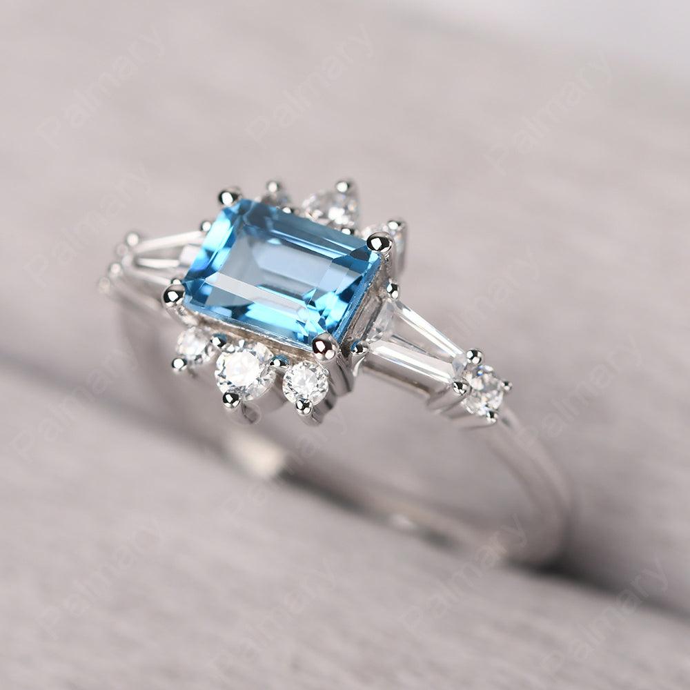 East West Emerald Cut Swiss Blue Topaz Ring Silver - Palmary