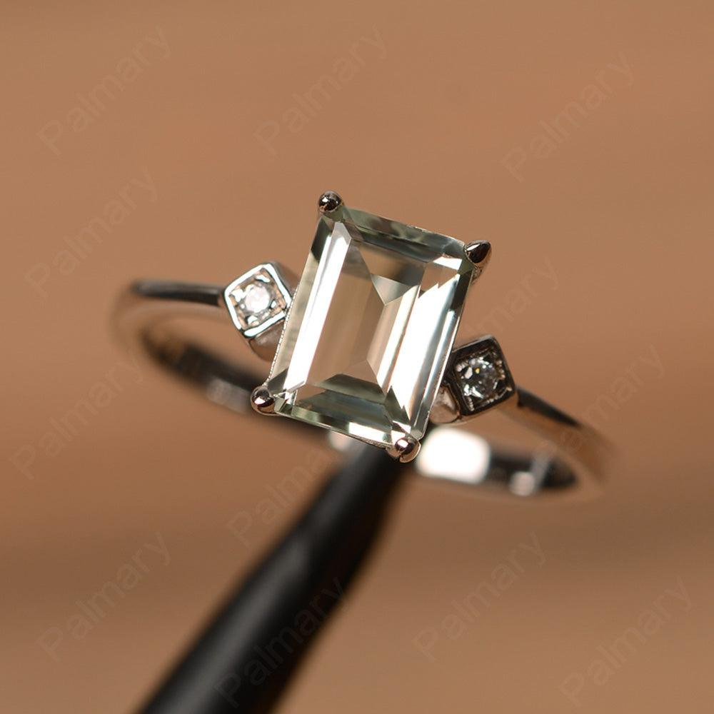 Emerald Cut Green Amethyst Wedding Rings - Palmary