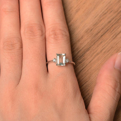 Emerald Cut Green Amethyst Wedding Rings - Palmary