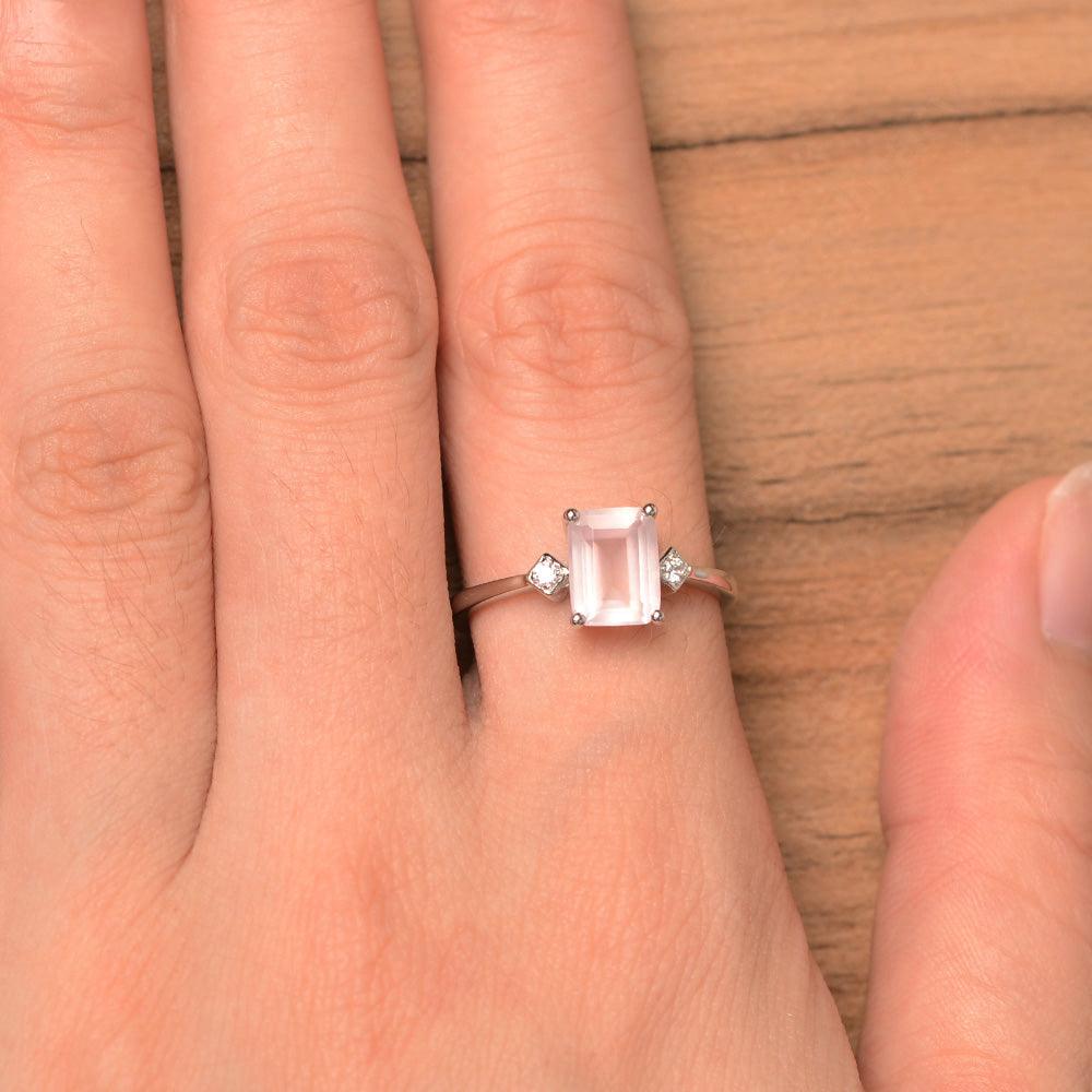 Emerald Cut Rose Quartz Wedding Rings - Palmary