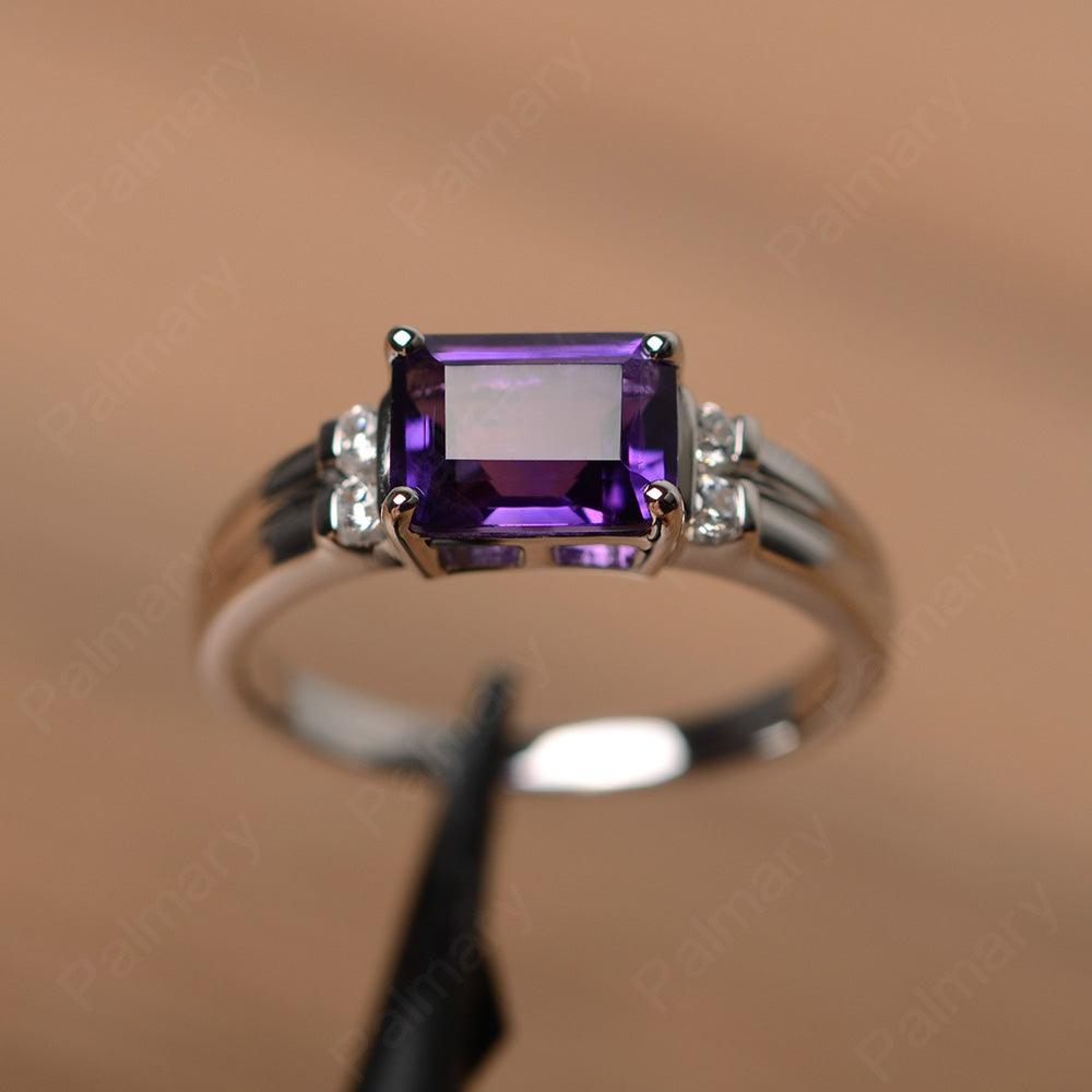 Emerald Cut Horizontal Amethyst Engagement Rings - Palmary