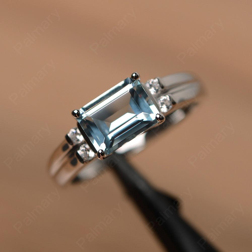 Emerald Cut Horizontal Aquamarine Engagement Rings - Palmary
