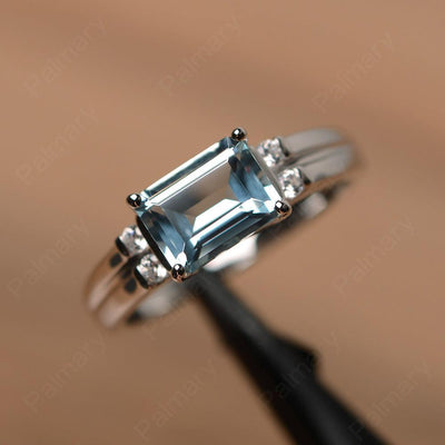 Emerald Cut Horizontal Aquamarine Engagement Rings - Palmary