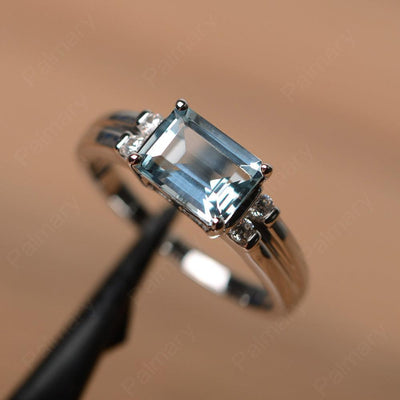 Emerald Cut Horizontal Aquamarine Engagement Rings - Palmary