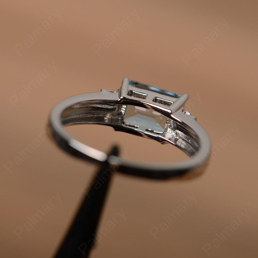Emerald Cut Horizontal Aquamarine Engagement Rings - Palmary
