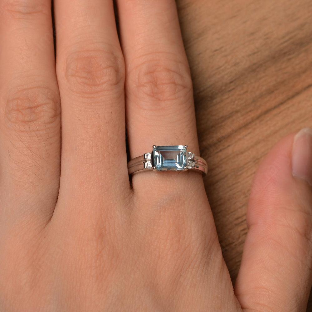 Emerald Cut Horizontal Aquamarine Engagement Rings - Palmary