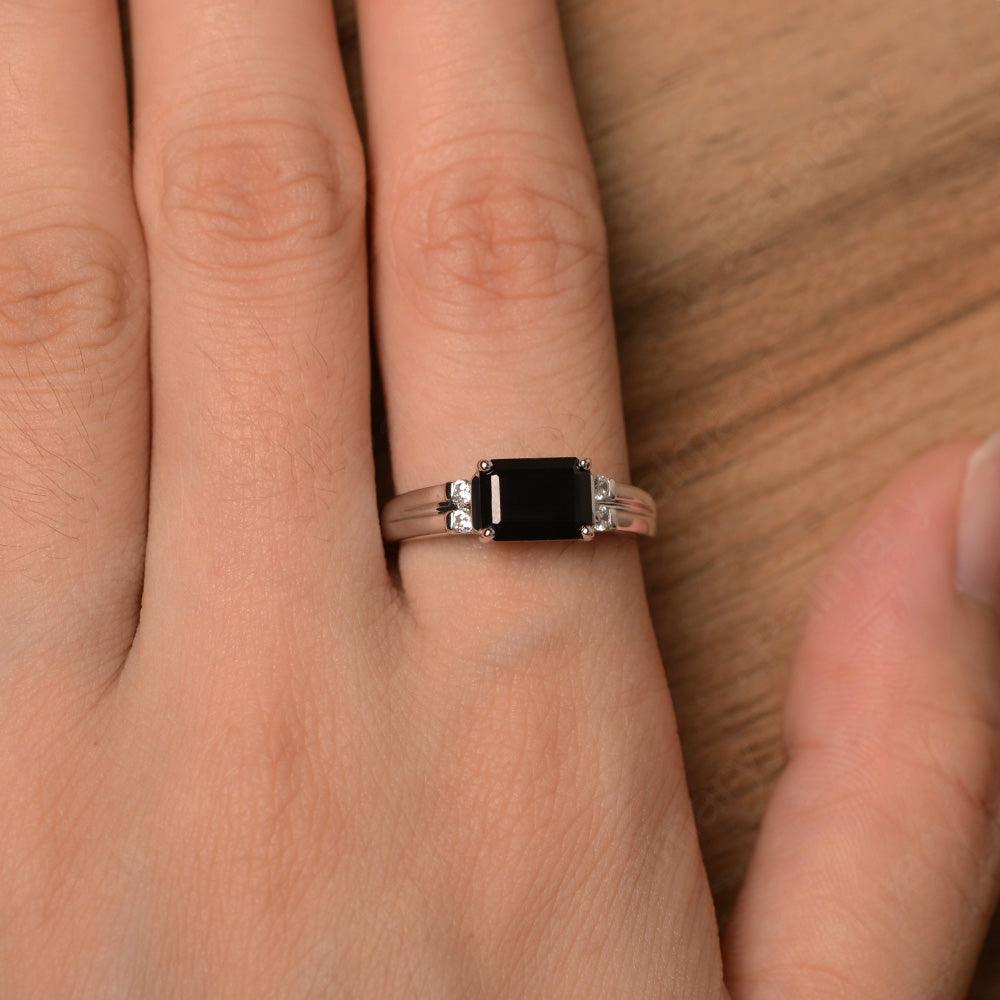 Emerald Cut Horizontal Black Spinel Engagement Rings - Palmary