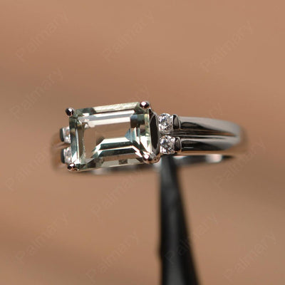 Emerald Cut Horizontal Green Amethyst Engagement Rings - Palmary