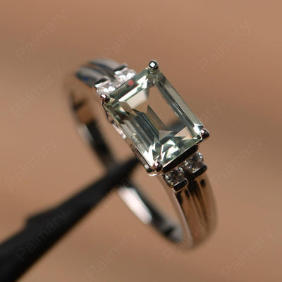 Emerald Cut Horizontal Green Amethyst Engagement Rings - Palmary