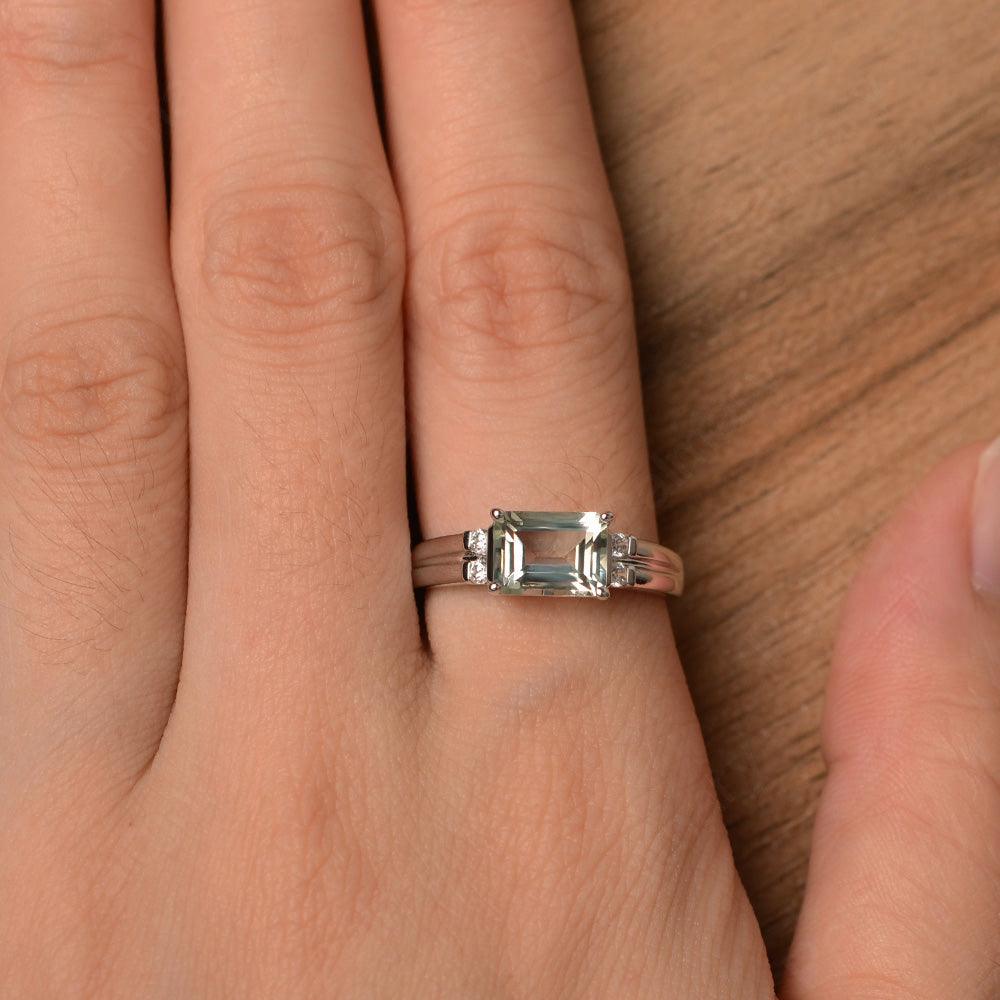 Emerald Cut Horizontal Green Amethyst Engagement Rings - Palmary