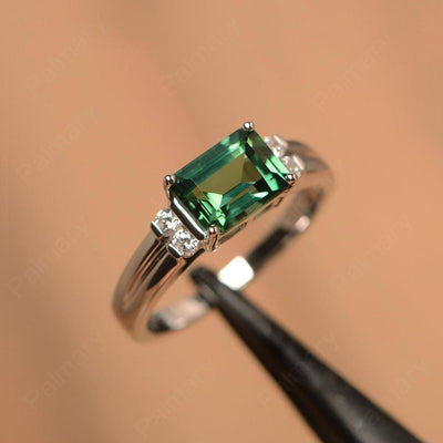 Emerald Cut Horizontal Green Sapphire Engagement Rings - Palmary