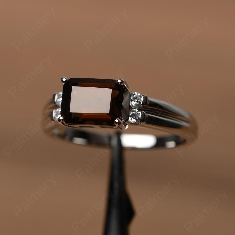 Emerald Cut Horizontal Smoky Quartz  Engagement Rings - Palmary