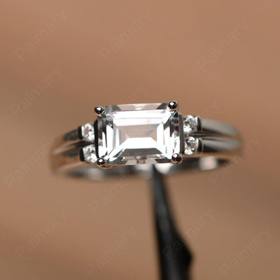 Emerald Cut Horizontal White Topaz Engagement Rings - Palmary