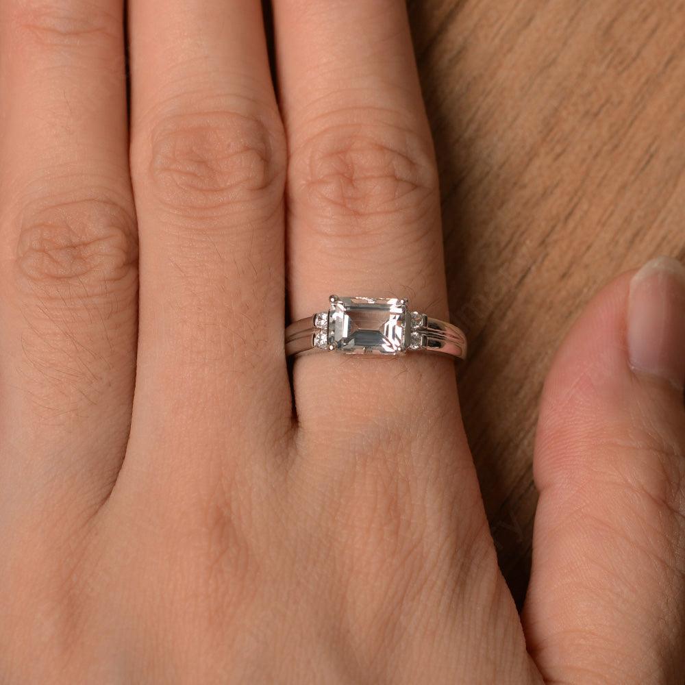Emerald Cut Horizontal White Topaz Engagement Rings - Palmary