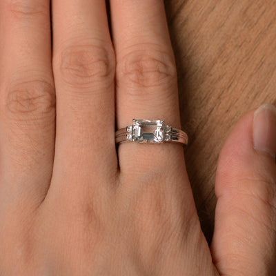 Emerald Cut Horizontal White Topaz Engagement Rings - Palmary