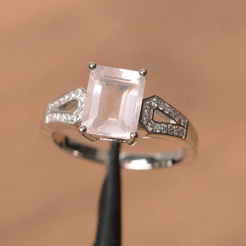 Emerald Cut Split Rose Quartz Engagement Rings - Palmary