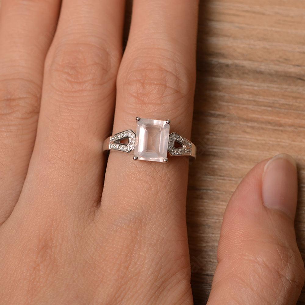 Emerald Cut Split Rose Quartz Engagement Rings - Palmary