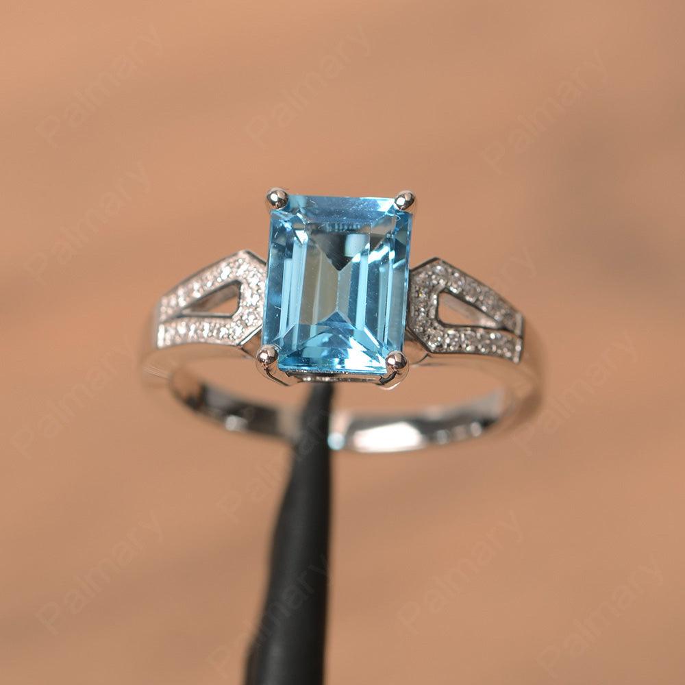 Emerald Cut Split Swiss Blue Topaz Engagement Rings - Palmary
