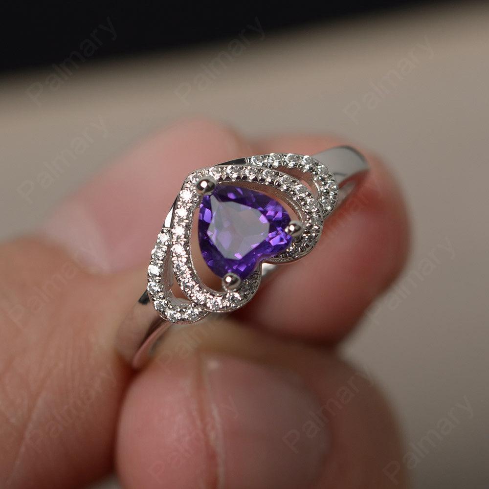 Heart Shaped Amethyst Double Halo Rings - Palmary