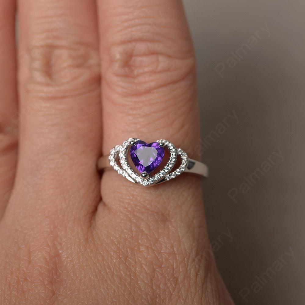 Heart Shaped Amethyst Double Halo Rings - Palmary