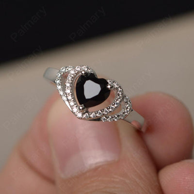 Heart Shaped Black Spinel Double Halo Rings - Palmary