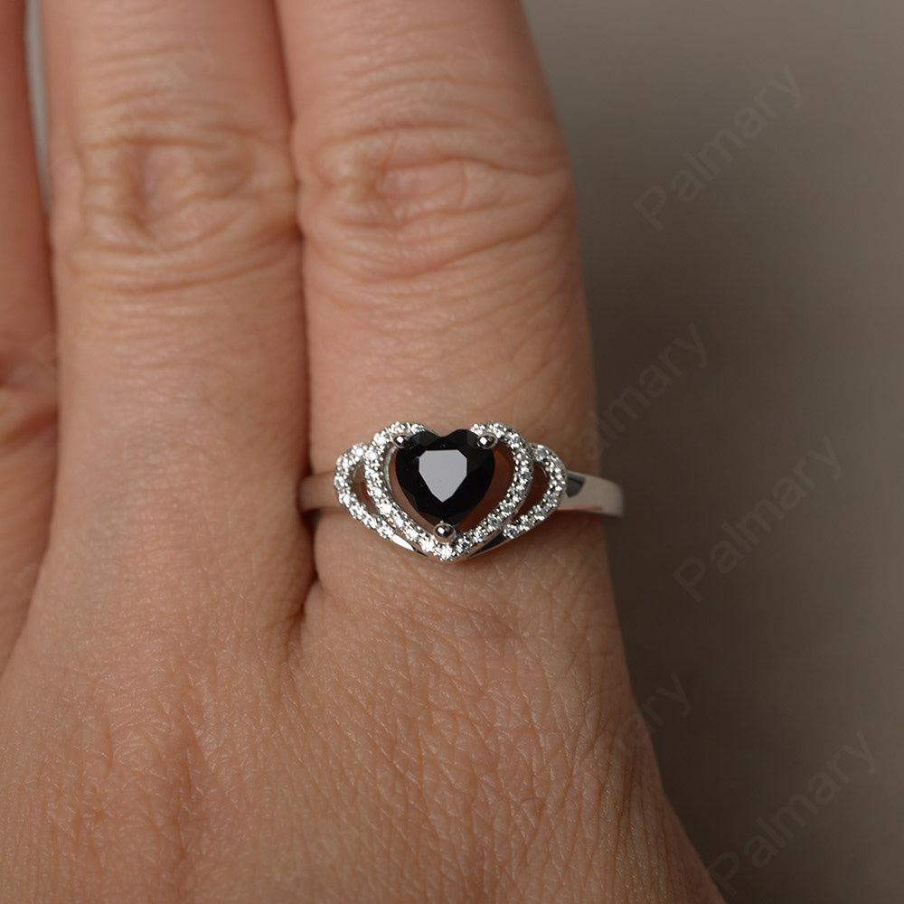 Heart Shaped Black Spinel Double Halo Rings - Palmary