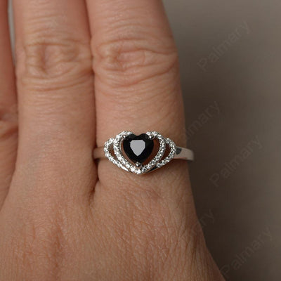 Heart Shaped Black Spinel Double Halo Rings - Palmary