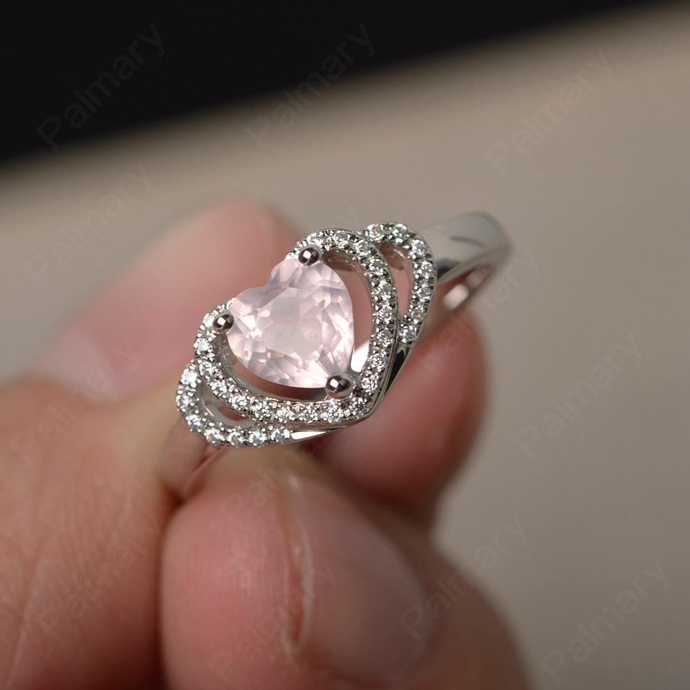 Heart Shaped Rose Quartz Double Halo Rings - Palmary