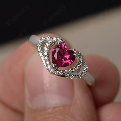 Heart Shaped Ruby Double Halo Rings - Palmary