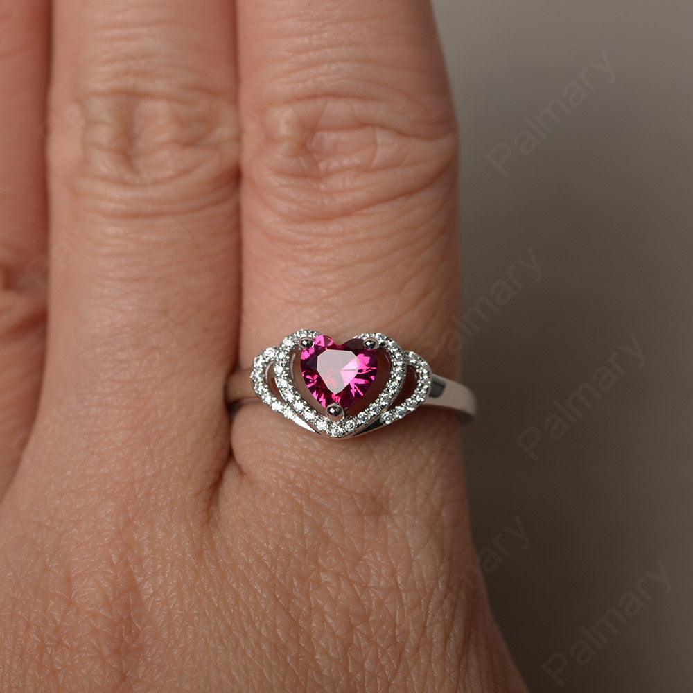 Heart Shaped Ruby Double Halo Rings - Palmary