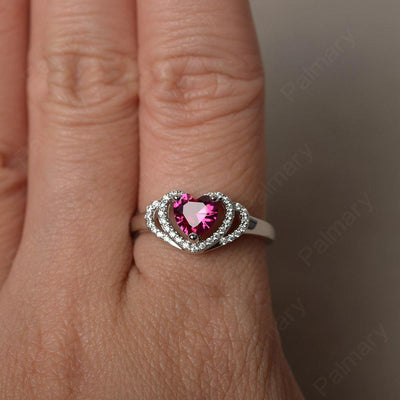 Heart Shaped Ruby Double Halo Rings - Palmary