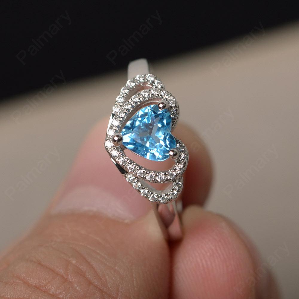 Heart Shaped Swiss Blue Topaz Double Halo Rings - Palmary