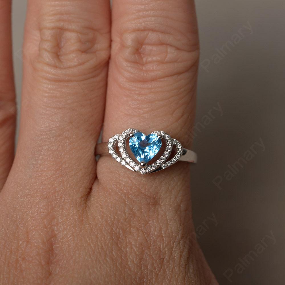 Heart Shaped Swiss Blue Topaz Double Halo Rings - Palmary