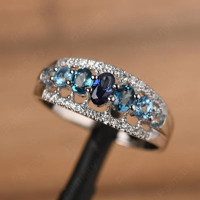 Wide Cluster Sapphire and Blue Topaz and Aquamarine Ring - Palmary