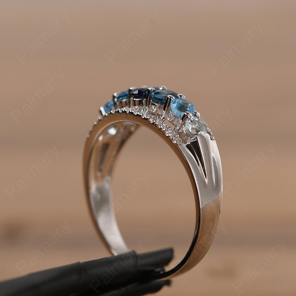 Wide Cluster Sapphire and Blue Topaz and Aquamarine Ring - Palmary