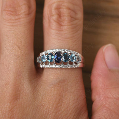 Wide Cluster Sapphire and Blue Topaz and Aquamarine Ring - Palmary