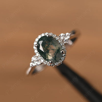 Oval Cut Moss Agate Halo Engagement Rings - Palmary