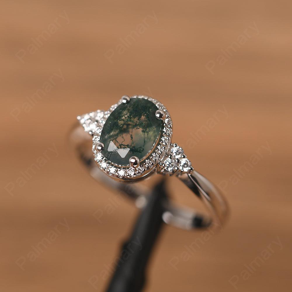 Oval Cut Moss Agate Halo Engagement Rings - Palmary