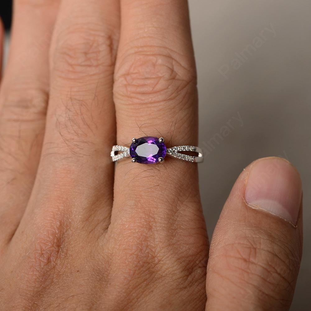 East West Oval Amethyst Split Shank Ring - Palmary