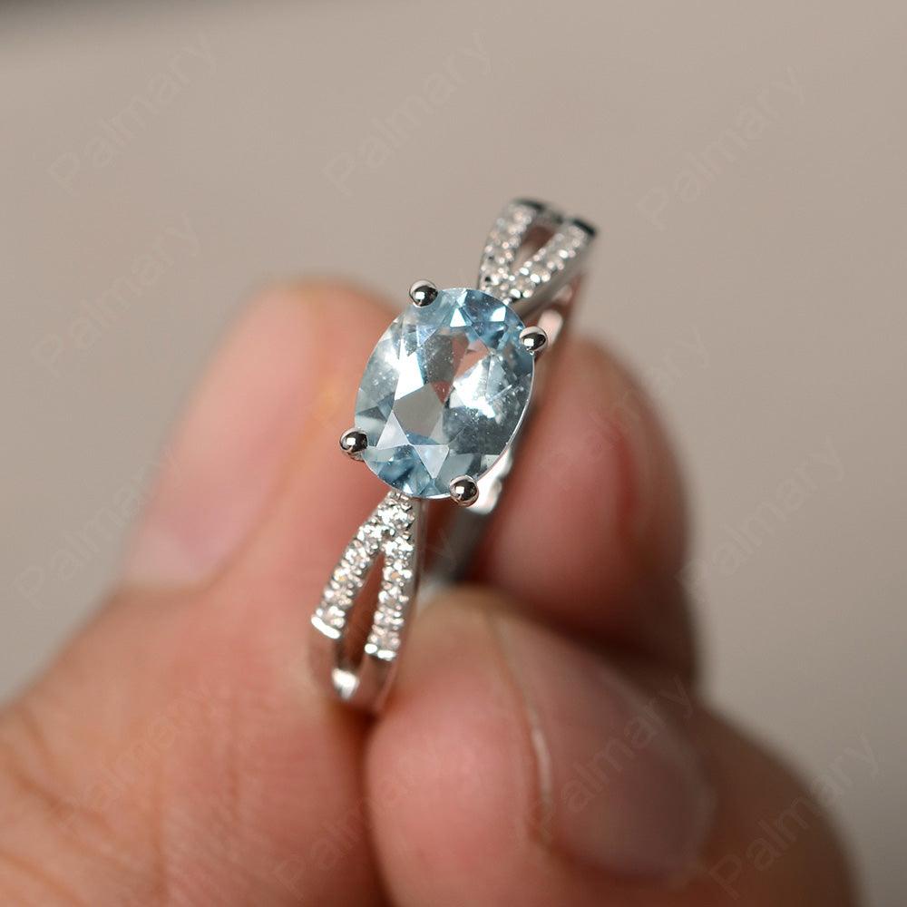 East West Oval Aquamarine Split Shank Ring - Palmary