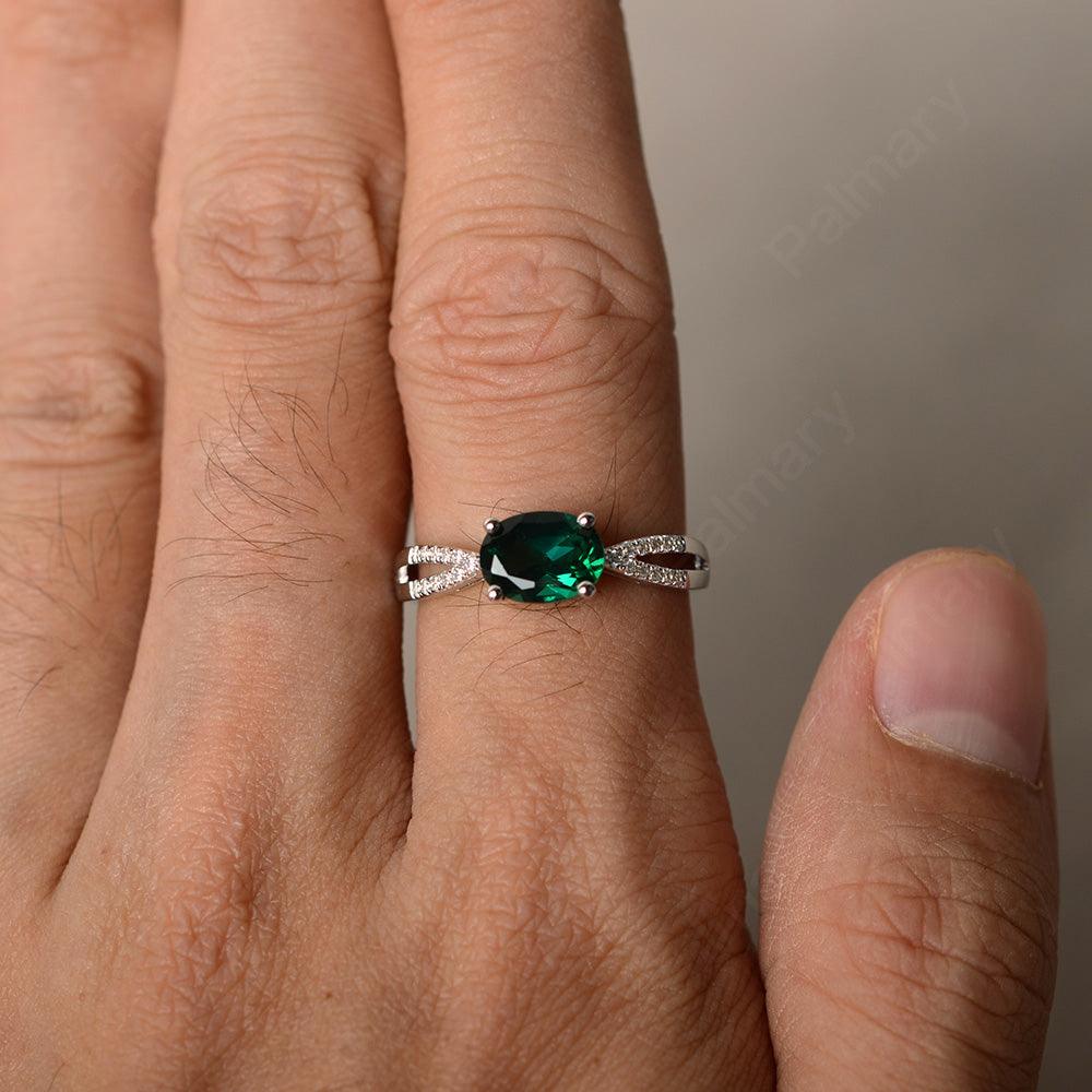 East West Oval Emerald Split Shank Ring - Palmary