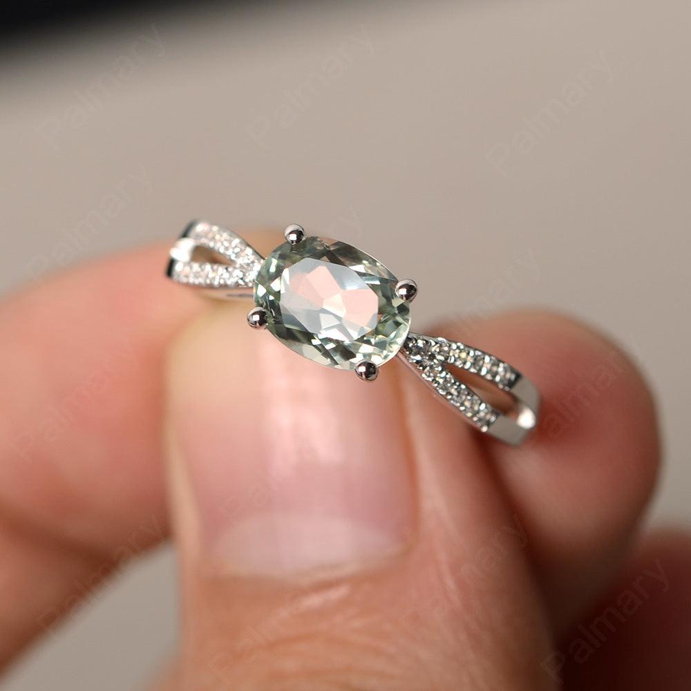 East West Oval Green Amethyst Split Shank Ring - Palmary